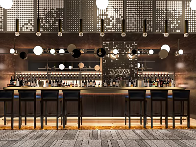 Modern Bar Interior With Black Stools Hanging Lights And Alcohol Bottles 3d model