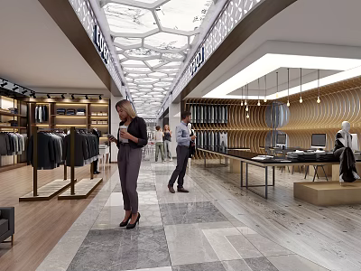 Modern Fashionable Clothing Store Interior With Displayed Coats Dresses Customers Shopping And Stylish Design 3d model