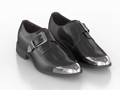 Black Leather Shoes Featuring Metallic Buckles And Silver Toe Caps 3d model