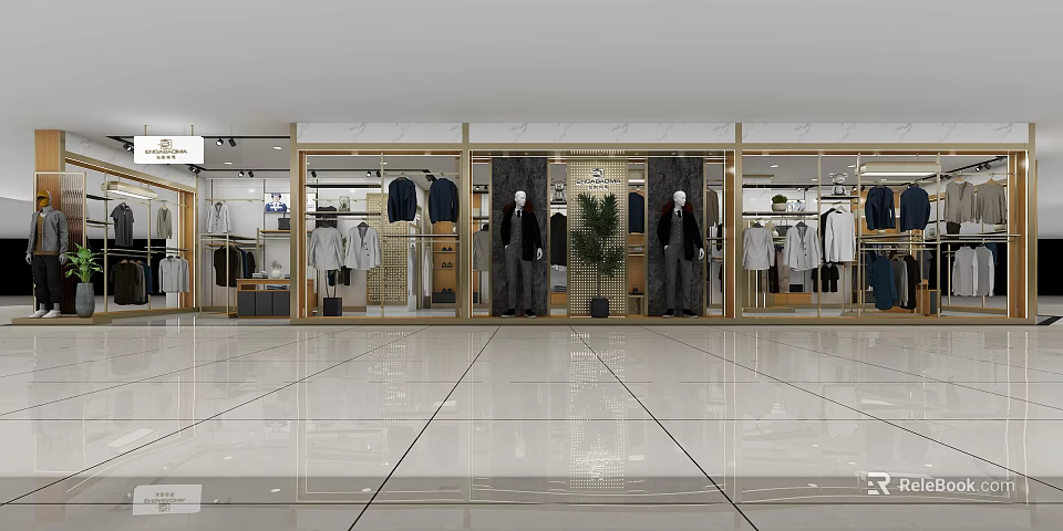 Modern Clothing Store With Glass Display Windows Mannequins Clothing Racks And Green Plants 3d model 