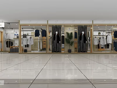 Modern Clothing Store With Glass Display Windows Mannequins Clothing Racks And Green Plants 3d model