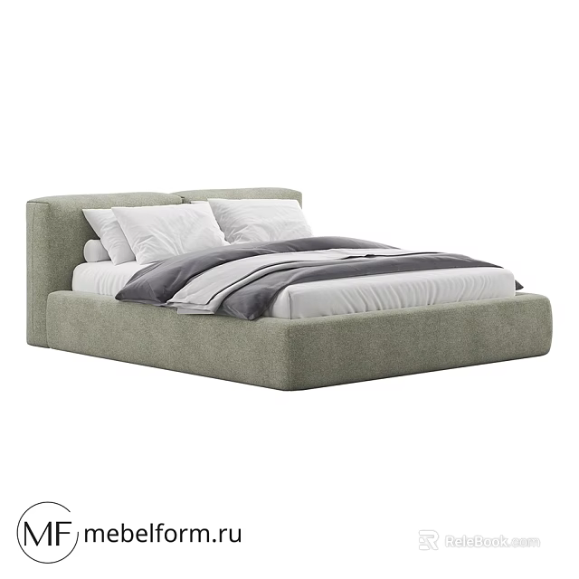 Modern Upholstered Double Bed With Soft Headboard White Pillows And Gray Blanket 3d model 