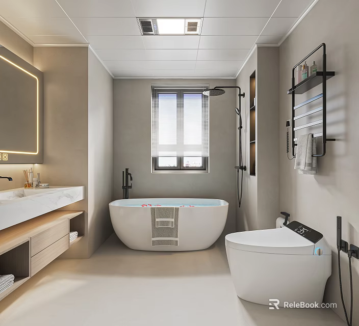 Modern Bathroom Interior With Freestanding Bathtub Toilet Vanity And Backlit Mirror 3d model 