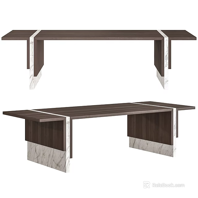 Sleek Modern Dining Table with Wooden Top and Unique Marble Base Design 3d model