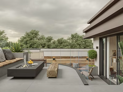 Modern Roof Garden With Sofa Fire Pit Wooden Bench And Glass Railing 3d model