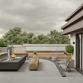 Modern Roof Garden With Sofa Fire Pit Wooden Bench And Glass Railing