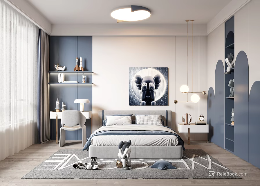 Stylish Modern Children's Bedroom Interior With Blue Walls Cozy Bed And Decorative Rug 3d model 