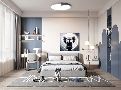 Stylish Modern Children's Bedroom Interior With Blue Walls Cozy Bed And Decorative Rug 3d model