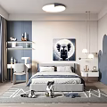 Stylish Modern Children's Bedroom Interior With Blue Walls Cozy Bed And Decorative Rug