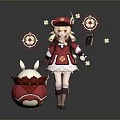 Playful Child In Red Outfit With Hat And Rabbit Shaped Toy And Flowers
