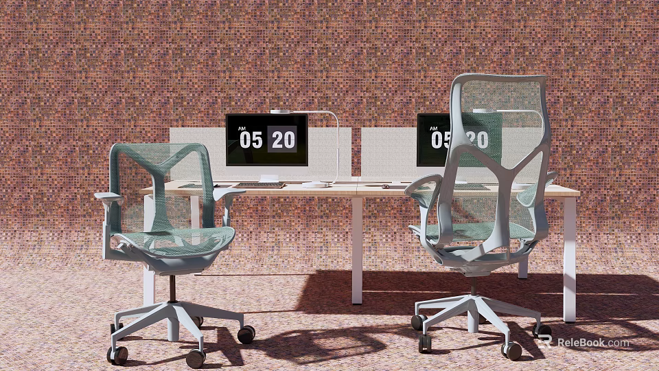 Office Desk and Chair Set with Computer Monitors and Ergonomic Mesh Rolling Chairs 3d model 