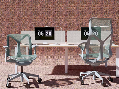 Office Desk and Chair Set with Computer Monitors and Ergonomic Mesh Rolling Chairs 3d model