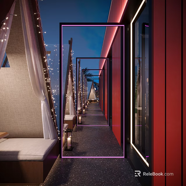 Stylish Restaurant Corridor With Red Walls String Lights And Bench Seats 3d model