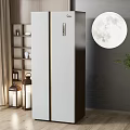 Silver Double Door Refrigerator In Modern Interior With Moon Art And Potted Plant
