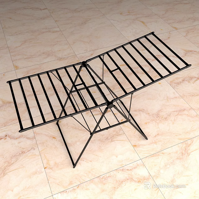 Black Foldable Clothes Drying Rack Placed On Marble Floor Surface 3d model 
