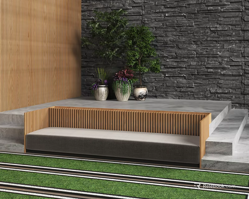 Outdoor Sofa With Wooden Frame By Stone Wall And Green Plants On Lawn Steps 3d model 
