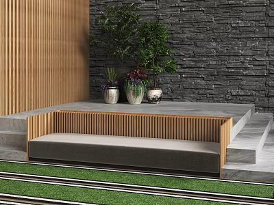 Outdoor Sofa With Wooden Frame By Stone Wall And Green Plants On Lawn Steps 3d model