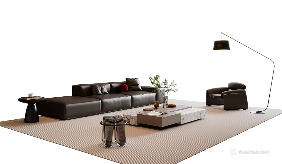 Modern Black Leather Sofa and Coffee Table Set with Armchair Floor Lamp and Potted Plant 3d model 