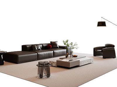 Modern Black Leather Sofa and Coffee Table Set with Armchair Floor Lamp and Potted Plant 3d model