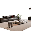 Modern Black Leather Sofa and Coffee Table Set with Armchair Floor Lamp and Potted Plant