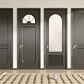 Black Hinged Doors with Arched Glass Circular Window Vent and Golden Handles on White Walls