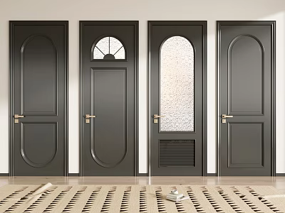 Black Hinged Doors with Arched Glass Circular Window Vent and Golden Handles on White Walls 3d model