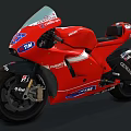 Red Ducati Racing Motorcycle with Sponsorship Logos and White Blue Stripes