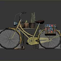 Vintage Iron Round Table And Chair With Yellow Bicycle Colorful Basket And Plant