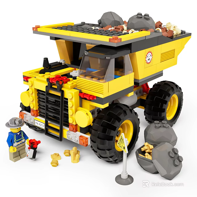 Yellow Building Blocks Construction Dump Truck Set With Minifigure Rocks And Tools 3d model 