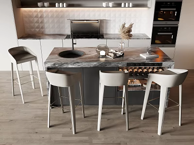 Modern Kitchen Bar With Marble Countertop White Bar Stools Wine Rack And Pampas Grass 3d model