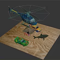 Toy Scene with Blue Helicopter Colorful Cars Small Tent and Shark Model on Wooden Board