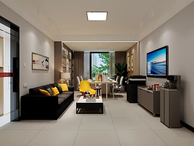Modern Minimalist Spacious Living Room With Black Sofa Yellow Accent Pillows And Clean Open Layout 3d model