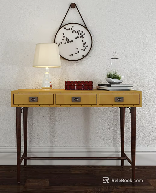 Yellow Console Table With Drawers Table Lamp Decorative Box And Small Plant For Entryway 3d model