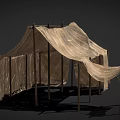 Rustic Striped Cloth Tent Supported By Wooden Poles With Simple Design