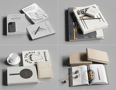 Stylish Books Magazines With Stacked Design Coffee Cup Notebook And Open Food Pages 3d model