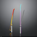 Two Swords With Gradient Blades Red Yellow And Blue Purple White Handles Dark Background