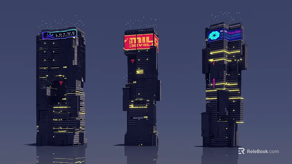 Futuristic Architecture With Geometric Tall Buildings Neon Lights Digital Displays 3d model 