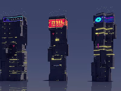 Futuristic Architecture With Geometric Tall Buildings Neon Lights Digital Displays 3d model