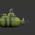 Cute Green Cartoon Submarine With Blue Eyes Stripes Orange Antenna And Bubbles From Tail