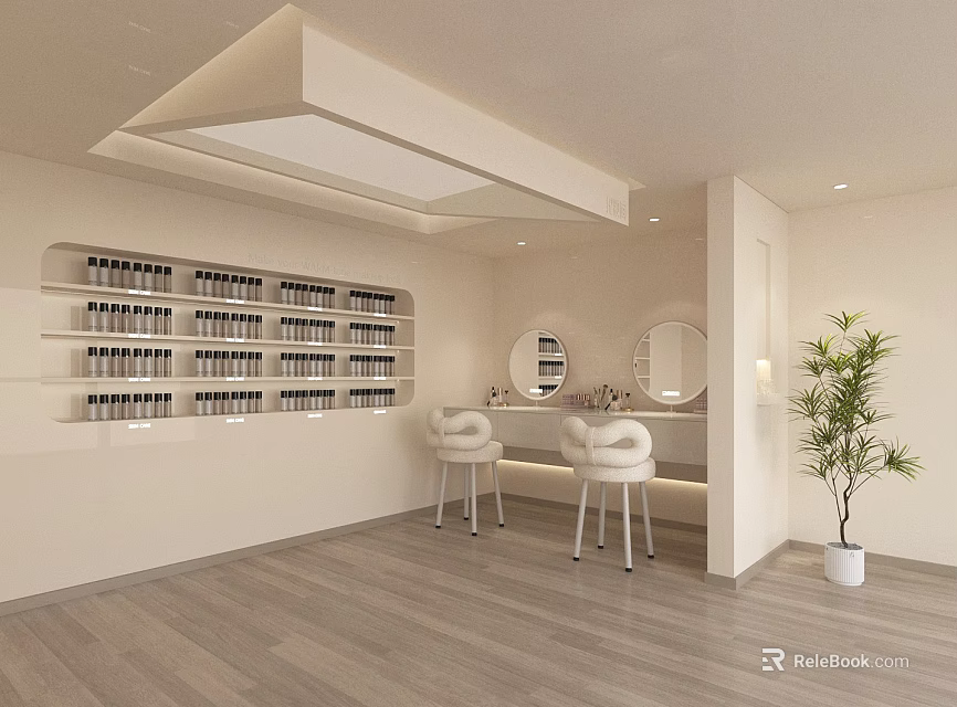 Modern Hair And Beauty Salon Interior With Product Shelves Styling Stools Mirrors And Green Plant 3d model 