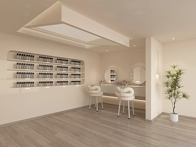 Modern Hair And Beauty Salon Interior With Product Shelves Styling Stools Mirrors And Green Plant 3d model
