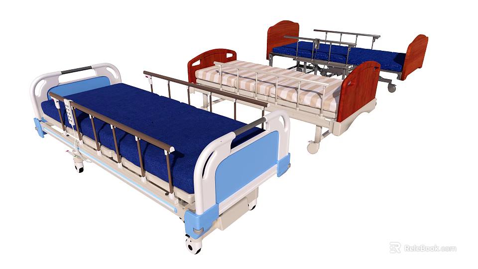 Medical Hospital Beds With Blue Mattresses Red Headboards Metal Rails And Movable Wheels 3d model 