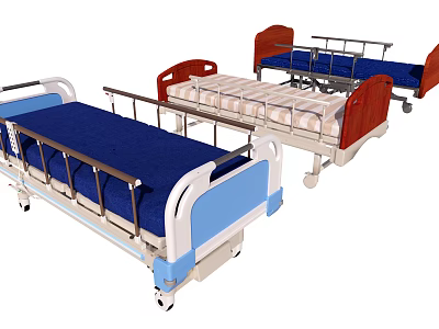 Medical Hospital Beds With Blue Mattresses Red Headboards Metal Rails And Movable Wheels 3d model