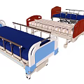 Medical Hospital Beds With Blue Mattresses Red Headboards Metal Rails And Movable Wheels