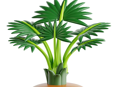 Lush Green Tropical Palm Plant With Fan Shaped Leaves And Brown Pot Base 3d model