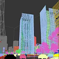 Modern Glass Facade Office Building In Urban City With Tall Towers And Illuminated Windows