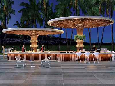 Modern Pergola Outdoor Night Scene With Palm Trees Bar Counter And White Chairs Design 3d model