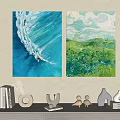 Two Panel Wall Art With Blue Ocean Wave And Green Grassland For Interior Decor 3d model