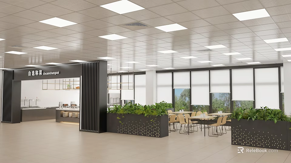 Modern Restaurant Interior With Green Plants Dining Tables And Large Windows 3d model