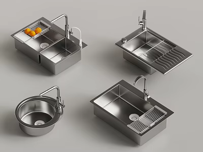 Stainless Steel Kitchen Sinks With Various Designs Drain Boards And Fruit Holders 3d model
